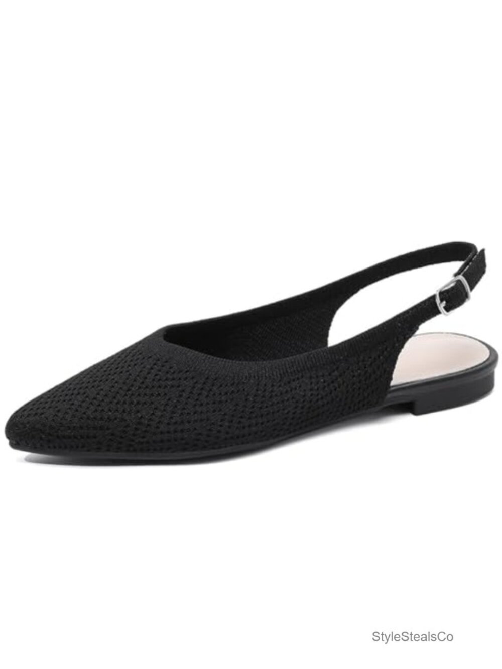 Pointed Toe Knit Slingback Flats Adjustable Ankle Buckle Comfortable Dressy